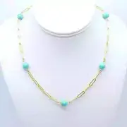Turquoise Paperclip Chain Necklace, 8mm Genuine Arizona Turquoise & Gold Fill