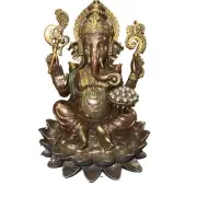 Lord Ganesha Sitting on Lotus Hindu God Antique Bronze Finish Statue 77592