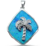 Blue Opal Solid Palm Tree .925 Sterling Silver Pendant