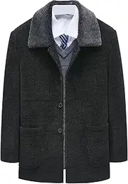 [Qolkmuiy-GJ] Men's Winter Cashmere Wool Topcoat Fur Collar Winter Casual Jacket Outwear Fleece Lined 2 Buttons Wool Trench