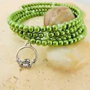 Silver Irish Claddagh memory wire bracelet w/ pearls and crystals