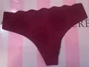 VICTORIA'S SECRET VERY SEXY S MAROON FLORAL WAVY EDGE RARE NO SHOW THONG PANTIES