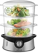 Ufesa CV4000 Electric Steamer, 800 W, 3 Stackable Shelves, 9 Litre Capacity, 60 Minutes Timer, Includes 1 Litre Bowl for Rice, BPA Free, Stainless Steel, Rustproof Steel