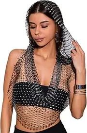 [UniqKaliber] Rhinestone Mesh Tops for Women Glitter Tank Tops Party Clubwear Sexy Hooded Shirt Hollow Out Tops