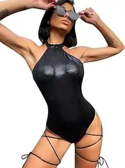 [Generic] Women Rave Sexy Snakeskin Print Bodysuit Halterneck Swimsuit with Garter Belt