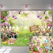 10x8FT Large Spring Easter Photography Backdrop Easter Colorful Eggs Garden Fence Green Grass Bunny Decoration Kids Newborn Baby Birthday Party Background