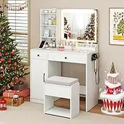 Giantex Vanity Desk with LED Lighted Mirror, Dressing Table Set with Storage Stool, Power Outlets, Adjustable Lighting Colors, Cabinet, 2 Drawers, 3 Shelves and 3 Open Compartment for Bedroom, White