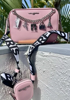 KARL LAGERFELD Crossbody Bag In Blush Silver Accent Chain Dangling Charms RP$198