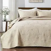 Qucover Quilted Bedspreads Soft and Comfortable Cotton Bedspread Super King Size with Elegant Embroidered Palm Leaf Pattern, 3 Pieces Bedspreads Coverlets Sets with Pillowcases, Beige 250x270cm