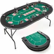 Costway Foldable Poker Table, 8 Players Card Board Game Table w/ 8 Cup Holders, Casino-Grade Felt Surface, Portable Oval Leisure Table for Blackjack Texas Hold’em Casino (Black+Green)