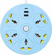 Circular Power Strip Simple Disassembly Desktop Space Saving ABS Multifunctional Switch Storage Strip Wiring Board USB, Blue, 2-Meter Cable