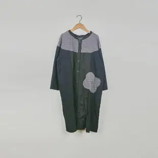 【MOSS CLUB】棉花撞色異材質布料拼接開襟長袖長洋裝(黑 綠)