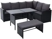 Gardeon Outdoor Table and Chairs 8 Seater Rattan Sofa Lounge Set Wicker Dining Tables Chair Setting, Patio Furniture Garden Backyard, Weather-Resistant Cushions Storage Cover Black with Bench