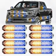 BooYu Amber/Blue LED Surface Mount Emergency Strobe Flashing Lights for Firefighter/Police Trucks/Vehicles/Car, Ultra Slim Sync Feature Hazard Warning Beacon Grille Light Bar (8 Pcs)