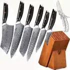 8Pcs TURWHO Kitchen Knife Block Japanese VG10 Damascus Steel Knife Scissors Set