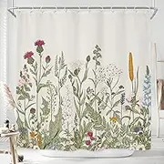Riyidecor Wildflower Botanical Shower Curtain for Bathroom Decor 72Wx72H Inch Floral Flower Plant Herbs Sage Green Leaves Decorative Bath Set Bathroom Accessories Fabric Waterproof 12 Pack Hooks