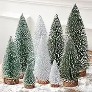 9Pcs Mini Christmas Trees Christmas Decor Artificial Christmas Decorations with 4 Sizes, Christmas Tree Bottle Brush Trees Christmas Table Decorations (Green Silver)