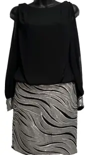 Caché Mini cocktail dress Sheer Bodice Sequin Skirt Cold shoulder SIZE 0 Black