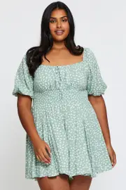 Geo Print Playsuit Scoop Neck Puff Sleeve