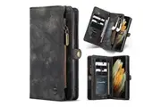 CaseMe For Samsung Galaxy S21 Ultra Zipper & Detachable Retro Leather Pouch Wallet Flip Purse Bag Detachable Phone Case Cover (Black)