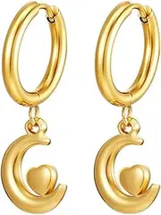[xuanhang] Stainless Steel Moon and Heart Huggie Hoop Earrings for women,Trendy Golden Crescent Moon Earrings Drop Dangle Earings,Woman Dainty Dangly Ear rings,18k Gold Dangling Earrings,Heart Charm Pierced