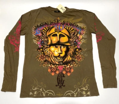 Authentic Vintage Men's Christian Audigier T-shirt Lion LS Olive L