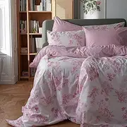 [LERUUM] Girls Double Duvet Duvet Cover Set Cotton Bedding Pink Floral Striped Reversible Pattern Shabby Chic Quilt Cover Bed Set (Pink Double)