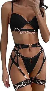 [ssyyx] Sexy Lingerie for Women,3 Piece Strappy Chain Lingerie Set Underwire Bra and Panty Sets with Garter Belt