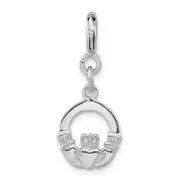 Sterling Silver Rhodium-Plated Claddagh W/ Spring Ring Clasp Charm