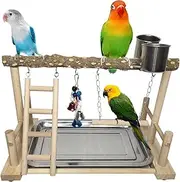 Cozioz Natural Wooden Bird Playground with Removable Tray, 2 Stainless Steel Cups, Ladder Hanging Swing - Ideal Bird Cage Accessories and Perches for Fun and Feeding