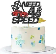 Need Four Speed Cake Topper - Race Car Checkered Flag Cake Supplies - Racing Car 4th Birthday Party - Sport Party Decorations - Black Glitter