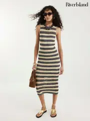 River Island Grey Metal Crochet Metallic Stripe Dress (W58112) | $136