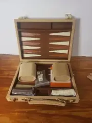 Vintage Taiwan Backgammon Game Set Tan Corduroy Travel Briefcase New! 9x5x2"