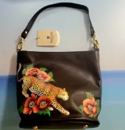 New Anuschka Leather Tall Bucket Hobo Leopard Floral Purse Bag Vegetable Tanned