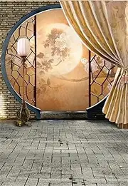 Leyiyi 6x9ft Exquisite Chinese Architecture Backdrop Old Dynasty Livingroom Arch Window Curtain Full Moon Nature View Wooden Furniture Photography Background Watercolor Photo Studio Prop Vinyl Banner
