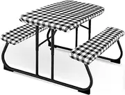3 Pieces Picnic Table Cover for Kids with Bench Covers Fitted Tablecloth for Outdoors Vinyl Waterproof cloth for Camping Home Goods Indoor Outdoor Patio BBQ(Black, White)