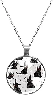 [Diusye] Necklaces for Women, Halloween Black Cats in Witch Hats Print Stainless Steel Pendant Necklace Jewelry Birthday Anniversary Wife Girls Friends Gift