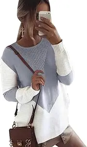 [shermie] Women Long Sleeve Crew Neck Pullovers Stitching Color Loose Knitted Sweaters