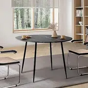Oikiture 110cm Round Dining Table with Marble Table Top and Metal Legs Black and Grey