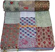 Patchwork Kantha Quilt, Cotton with Silk Vintage Kantha Gudri,Decorative Hand Stitch Bedspread, Throw Blanket Size (Double 90" x 108")