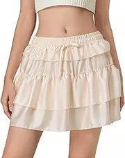 [Generic] Women's Satin Ruffle Mini Skirts - Solid Color Flowy High Waist Tiered Short Skirts - Fashion Casual Skater Skirt with Drawstring for Summer - A-Line Flared Flowy Casual Silk Short Skirts