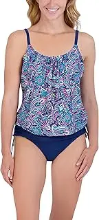 [Caribbean Joe] Women's Standard Blouson Tankini Tummy Control Quick Dry Sewn in Cups Adjustable Strap Swimsuit Set