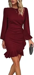 [YUTILA] Women’s Long Sleeves Bodycon Mini Dress Ruched Puff Sleeve Ruffle Hem Round Neck Pencil Cocktail Party Work Office Dress