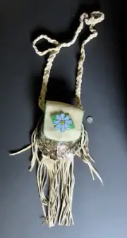 Turtle Shell Bag: Iroquois Med Blue bead flower, elkhide ; Paul St John, Mohawk