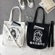Printed Canvas Tote Bag With Shoulder Strap - Tote Bag - Happy Girl - White - One Size