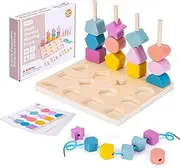 Montessori Wooden Beads Sequencing Toys, 3 in 1 Stacking Blocks & Lacing Beads & Matching Shape Stacker for 2 3 4 5 Year Old STEM Preschool Learning Montessori Toys Gifts for Kids Boy Girl Toddler