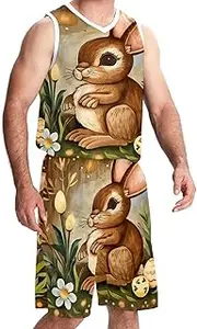 [FNETJXF] Basketball Jersey with Shorts, Jerseys for Men, Men's Athletic Basketball Jerseys, Oil Painting Brown Rabbit Easter