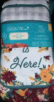 New! Pioneer Woman Harvest Rose Kitchen Apron Gift Set w/ Oven Mitt & Potholder