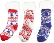 [RINCS Essentials] 3 Pairs Fluffy Winter Slipper Socks – Supersoft Sherpa-Lined Thermal Fuzzy Socks with Fair Isle Pattern, Cosy Lounge Bed Socks, Non-Slip Gripper Sole, Warm Winter Socks (UK 3-7), Red,