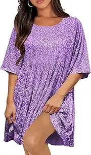 [HYLLGUD] Women Sequin Dress Sparkly Giltter Round Neck Short Sleeve A-Line Loose Swing Tunic Dress Disco Party Concert